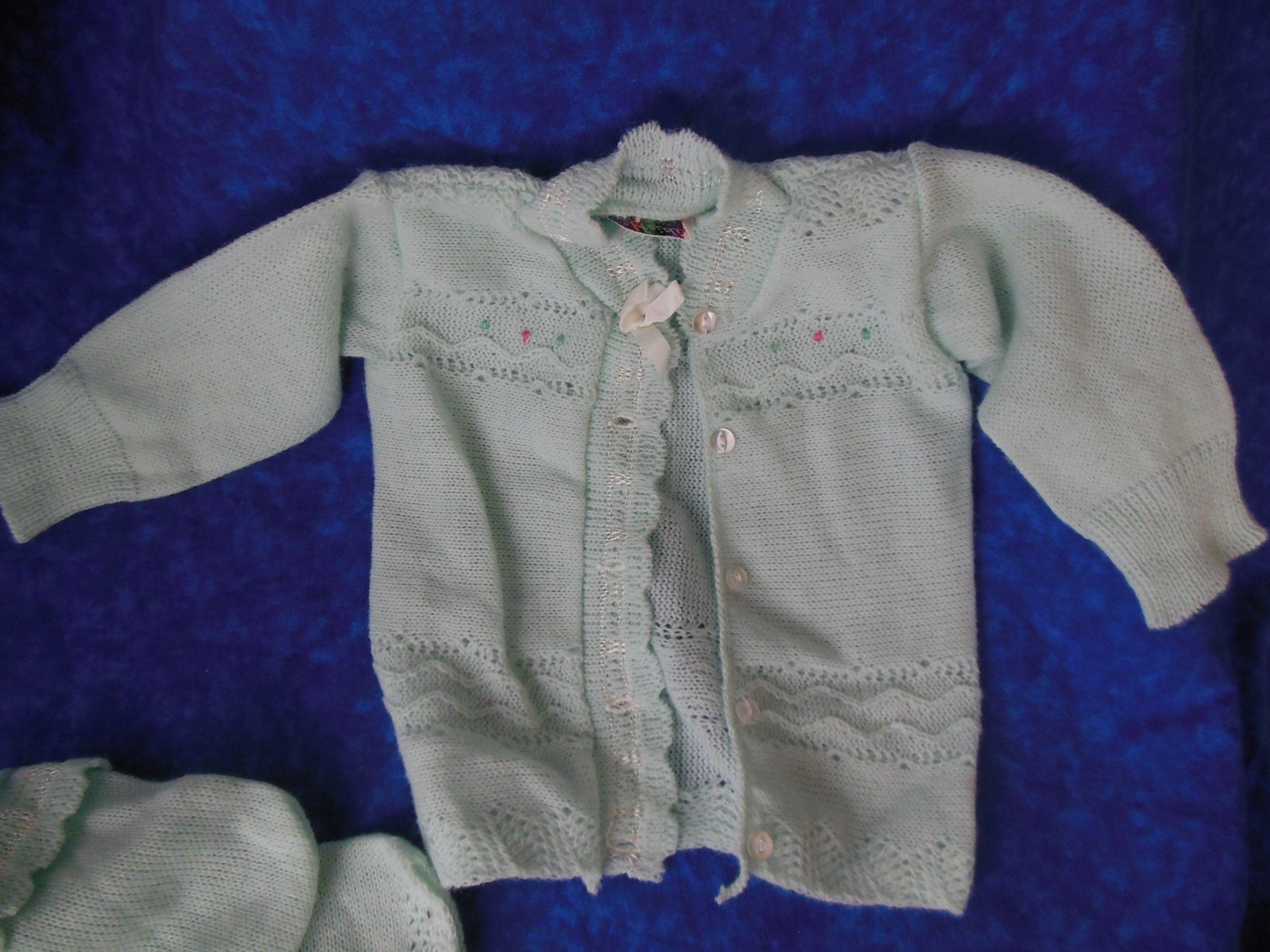 Vintage Baby Booties & Sweater & Bonnet Light Green  Set  Heidi 100% Acrylic