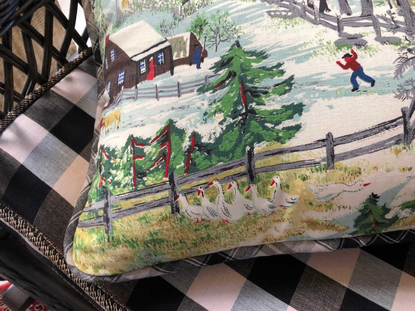 Grandma Moses fabric,  Custom pillow, Plaid piping,  Springtime on the Farm,