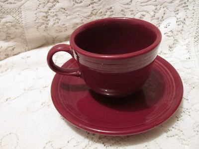 One Homer Laughlin Fiesta Ware Maroon O-Handled Coffee Cup and Saucer Set
