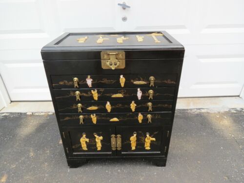 Vintage Oriental Mother Of Pearl Asian Black Lacquer Silver Ware Chest 