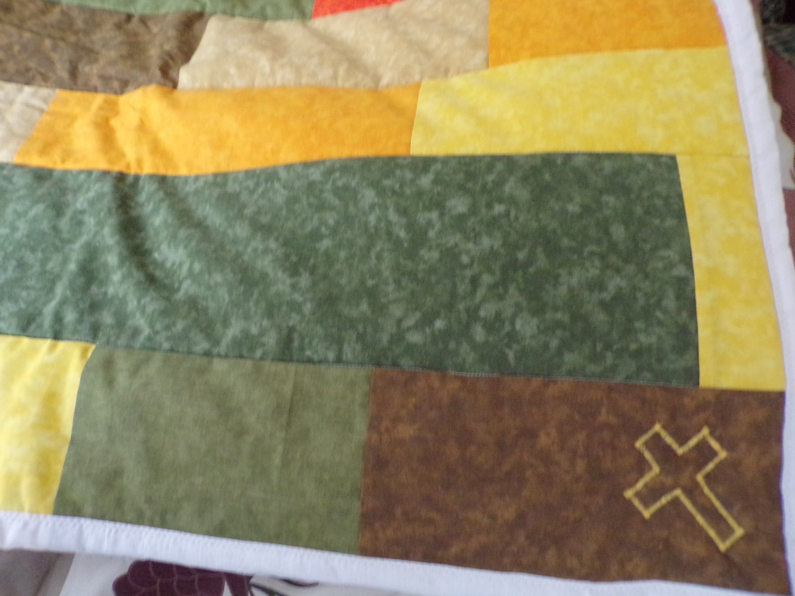 Handcrafted prayer quilt with cross 66 x 52 yellow green orange brown NEW
