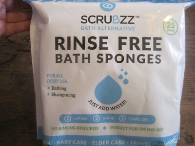 New 25 Pack Scrubzz Rinse Free Soap/Shampoo Infused Disposable Bath Sponges