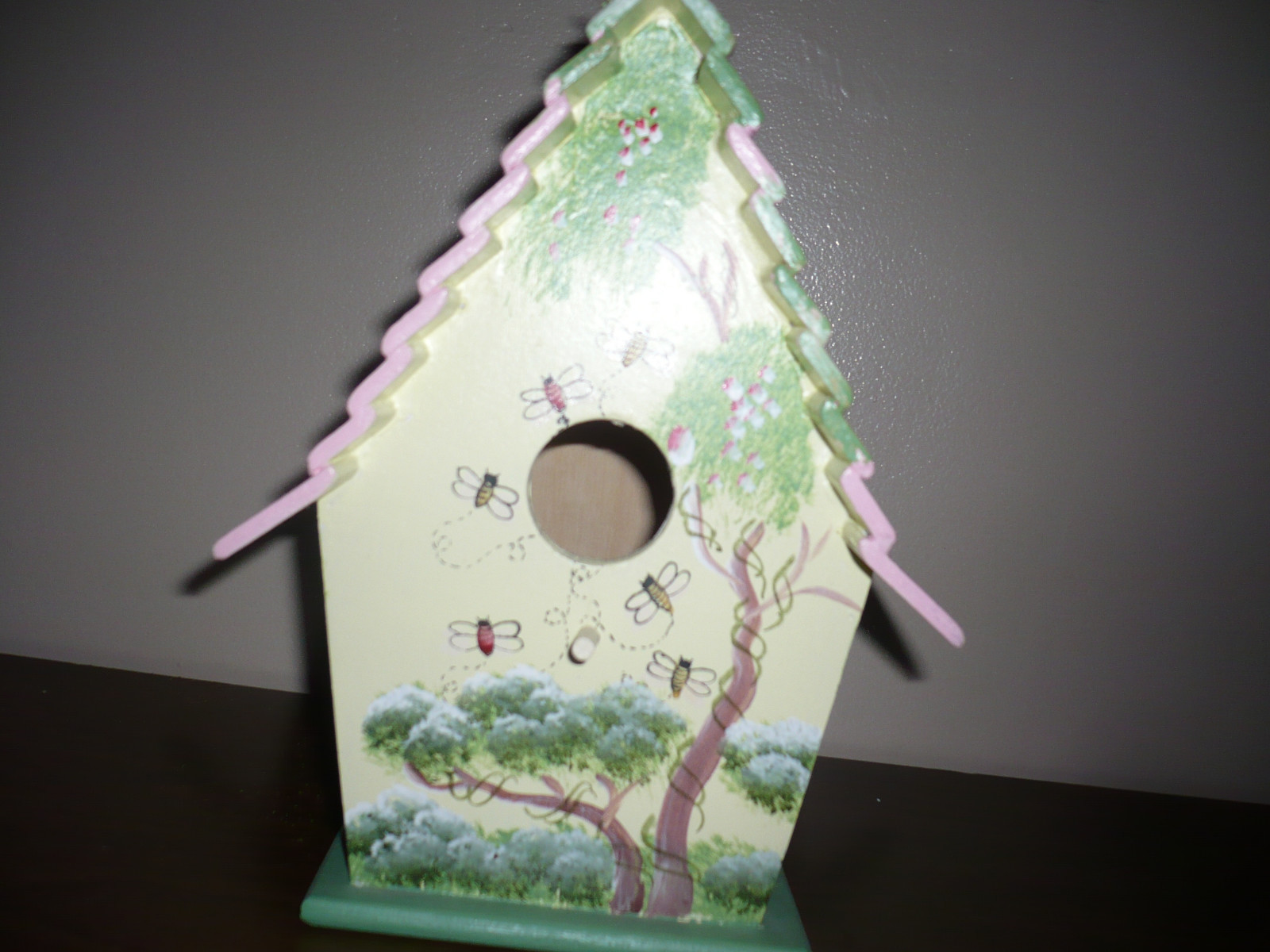 Decorative Summer Theme Bird House Bees and Trees Pink