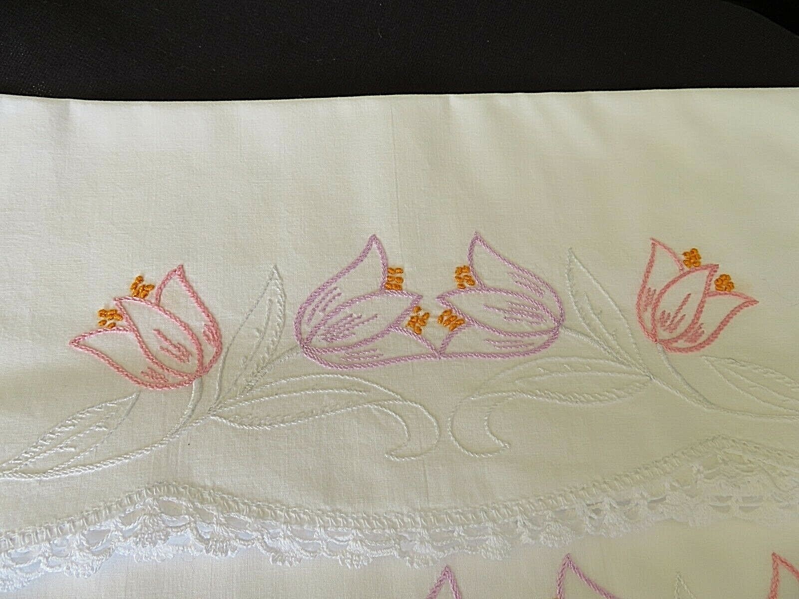 PAIR  Vintage Pillowcases Embroidered Flowers Crochet Edge Bridal Gift