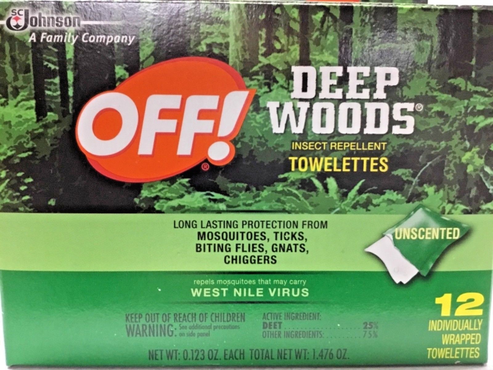 2 boxes 12 = 24 Unscented  OFF Deep Woods Insect Repellent Wrapped Towelettes