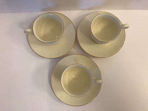 Set 3 LENOX Courtyard Gold Footed Tea Cups & Saucers Coffee Mugs White Ivory Lot