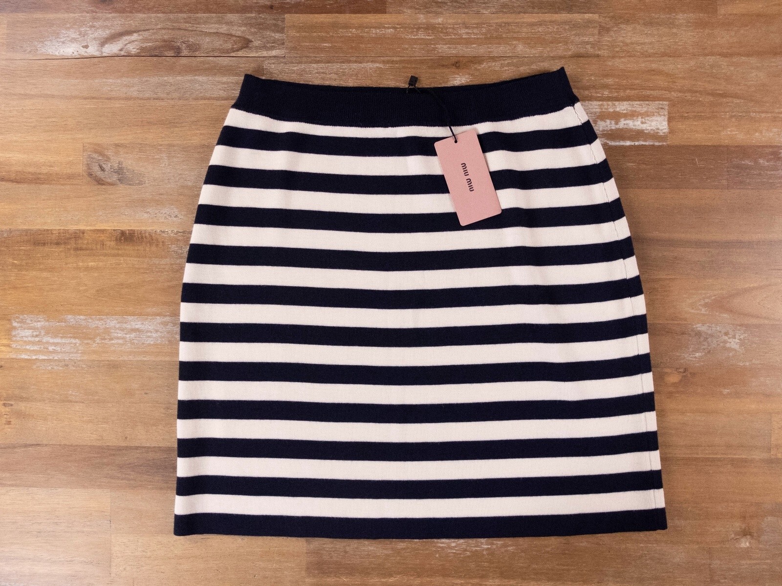 MIU MIU navy blue & beige striped wool knit bodycon mini
