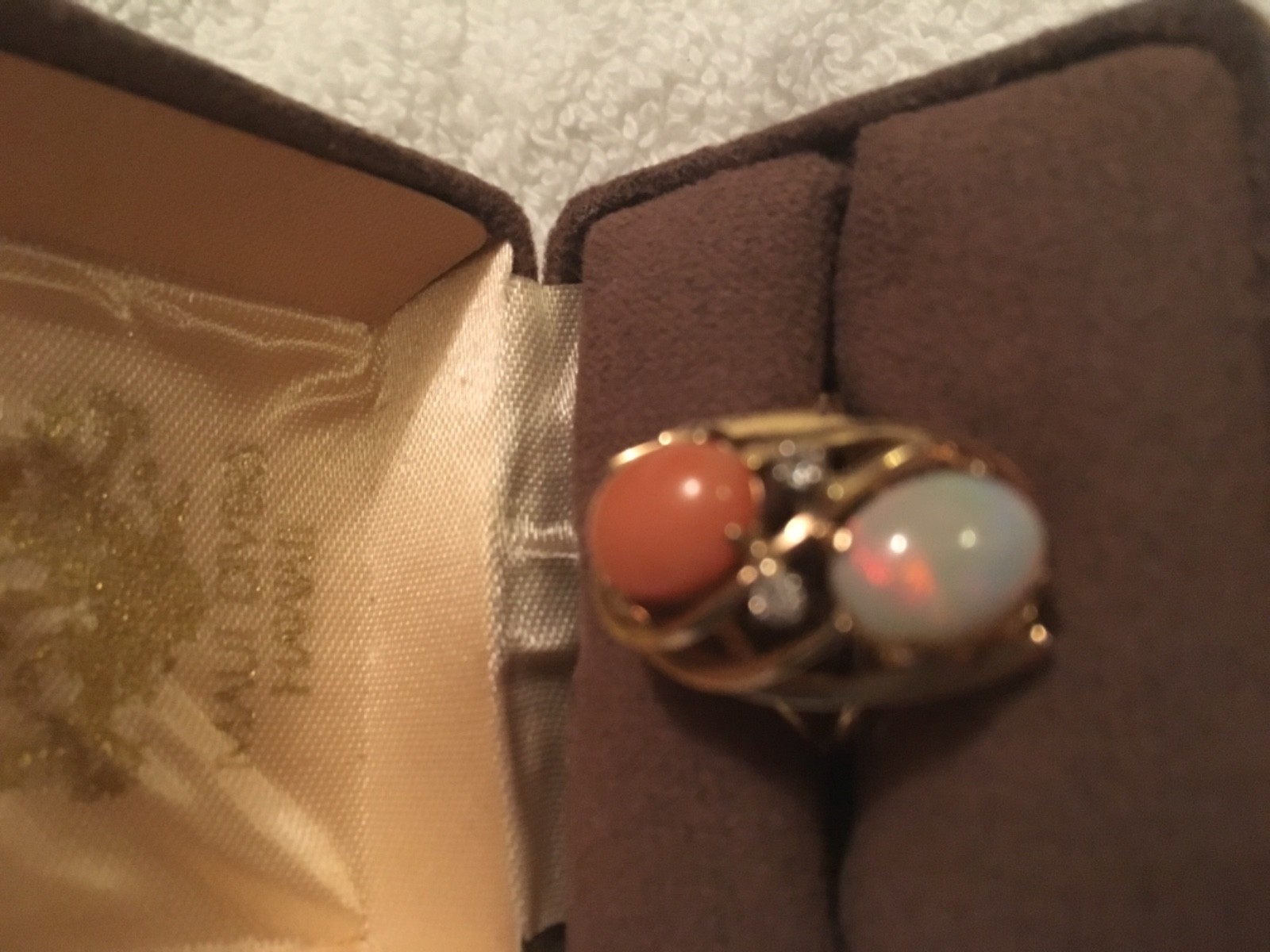 Unique “Maui Divers”Gold Earrings & Ring with Opals, Coral & Diamond..14K