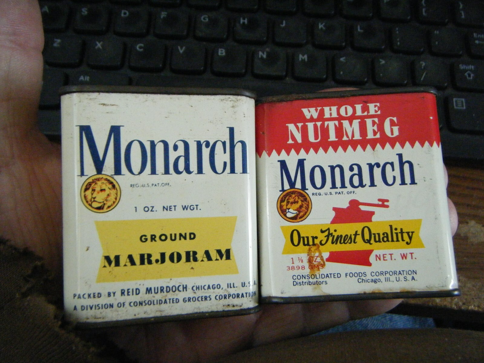 2 RARE Vintage Tins  of Monarch SPICES  WHOLE NUTMEG, GROUND MARGORAM