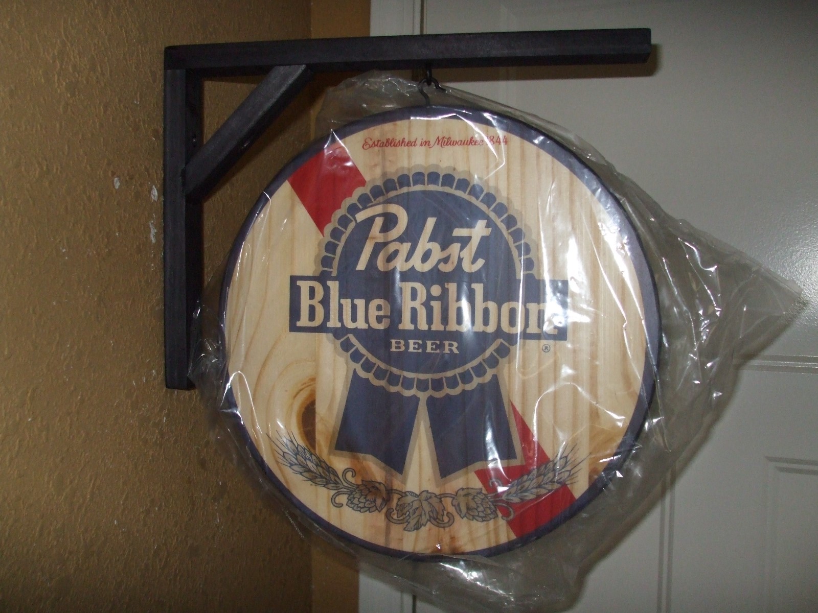 PABST BLUE RIBBON PBR DOUBLE SIDED WOODEN HANGING SIGN MAN CAVE BEER