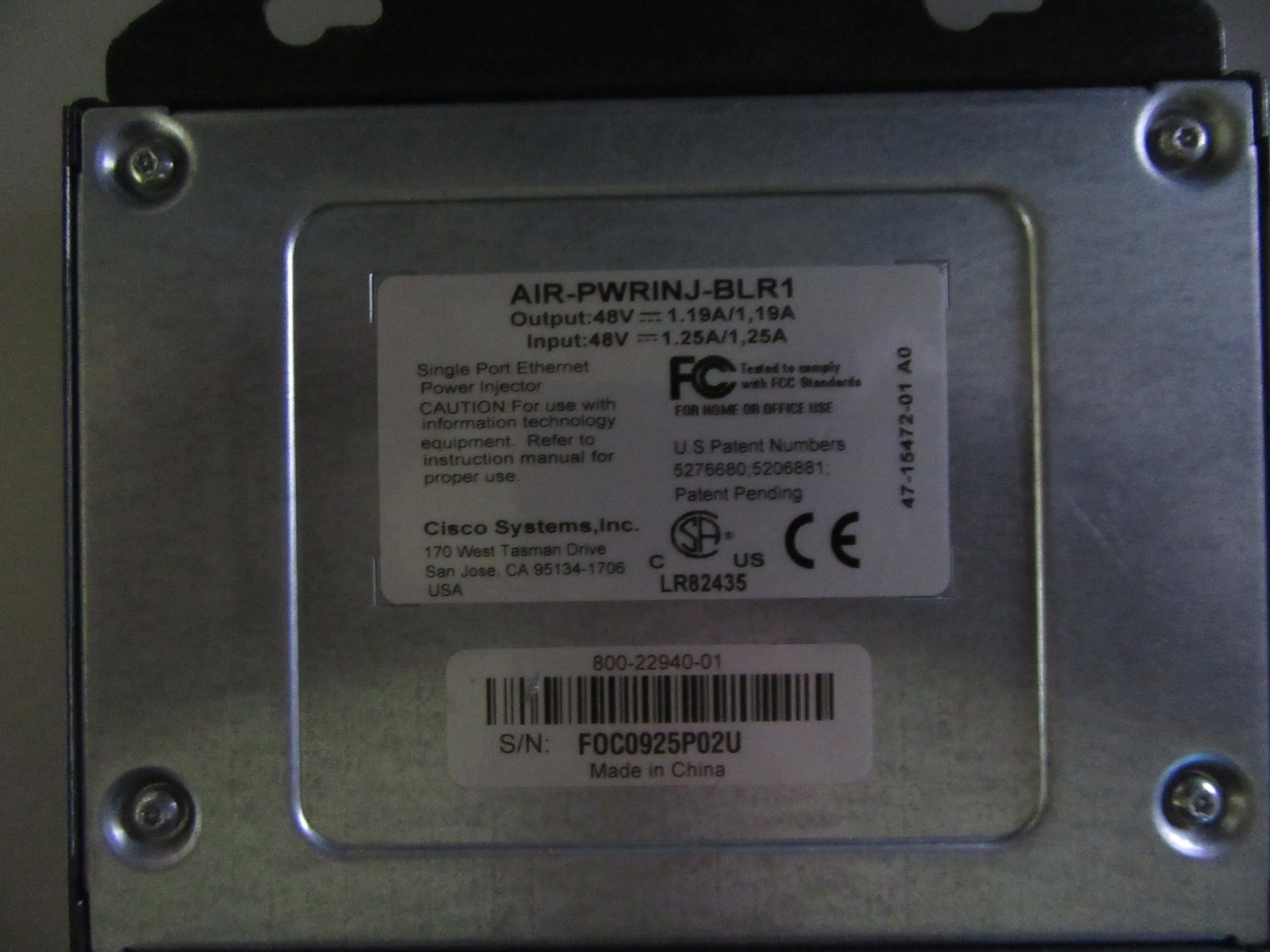 CISCO AIR-PWRINJ-BLR1 POWER OVER ETHERNET POWER INJECTOR LR