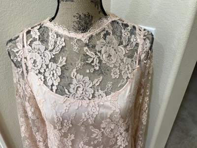 Rare Farinae Collection NUDE Lace & Silky Slip LS Dress Size S/M
