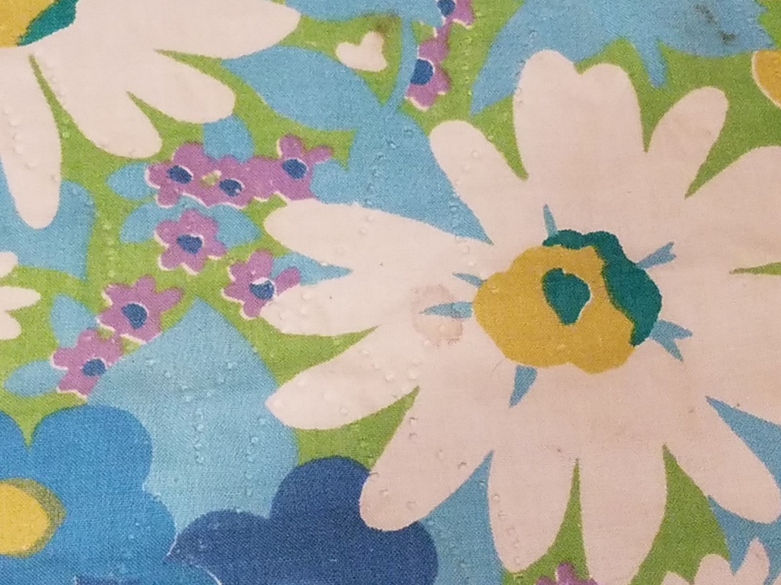 VINTAGE 70s Baby Toddler Blanket Big Flowers Blue White Cotton Homemade Groovy