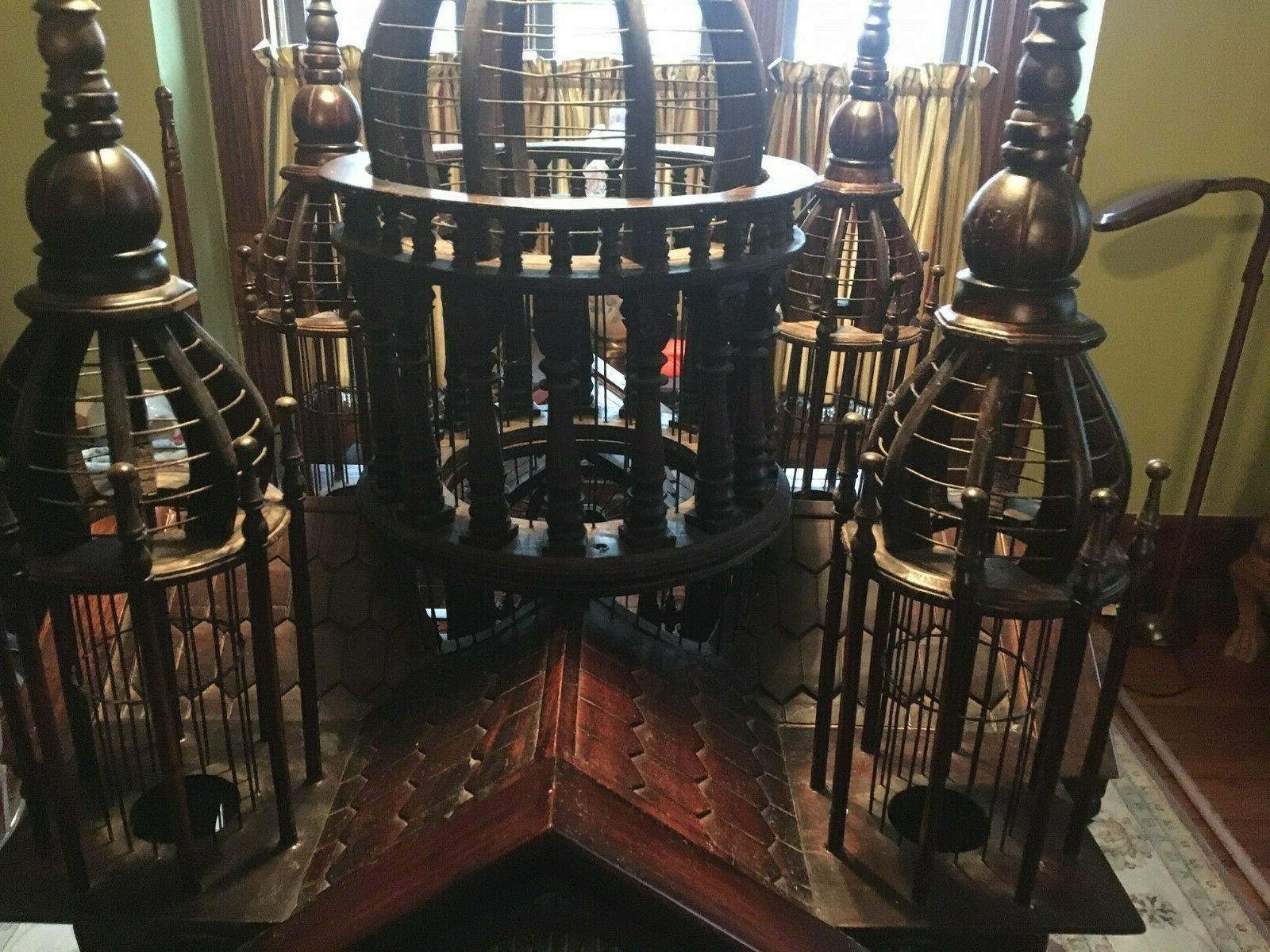 VINTAGE MAHOGANY WOOD BIRD CAGE SACRE COUER CATHEDRAL W/ TABLE 6 FOOT TALL NICE!