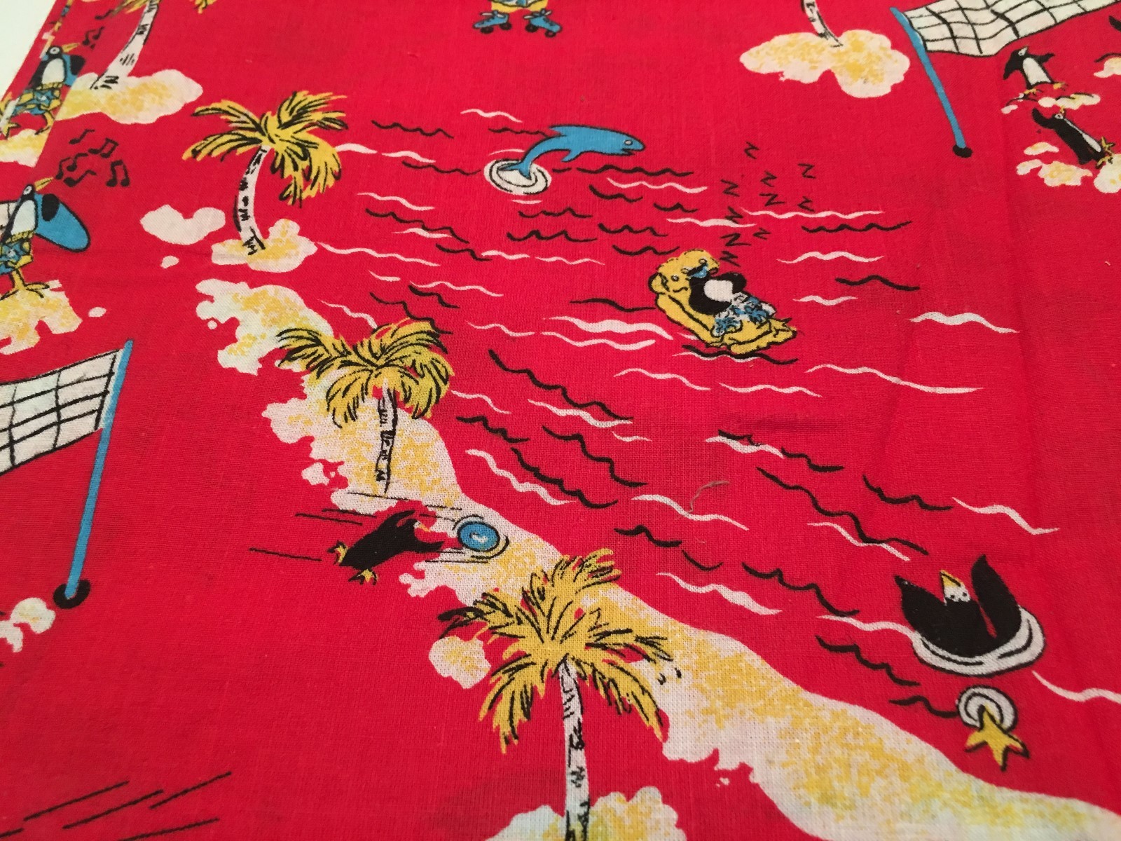 Vintage Novelty Fabric Penguin  Beach Surfing Skateboarding  Hawaiian 4 yards