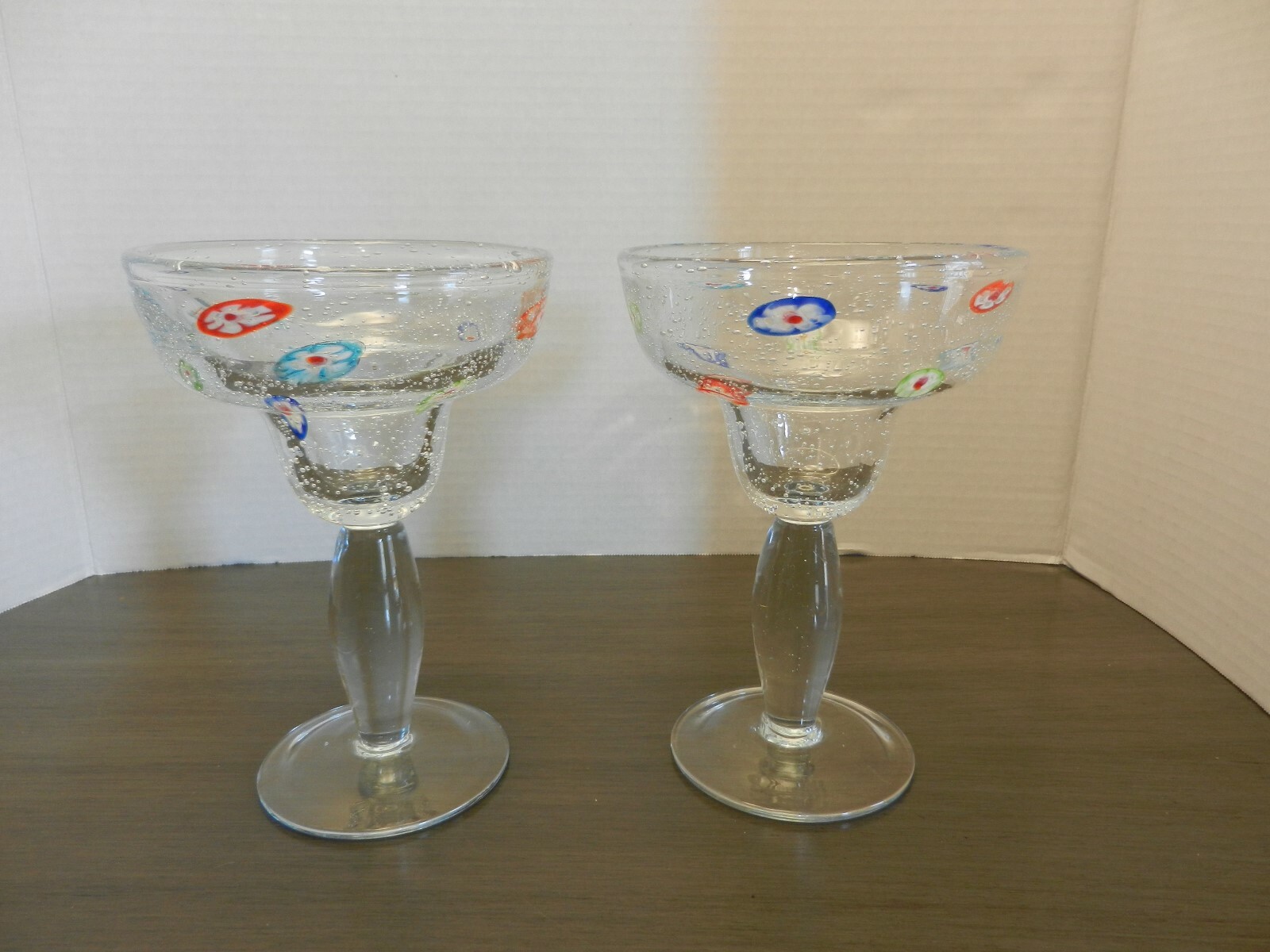 Millefiori Bubble Glass Margarita Glasses - Set of 2 Hand Blown 6 3/4