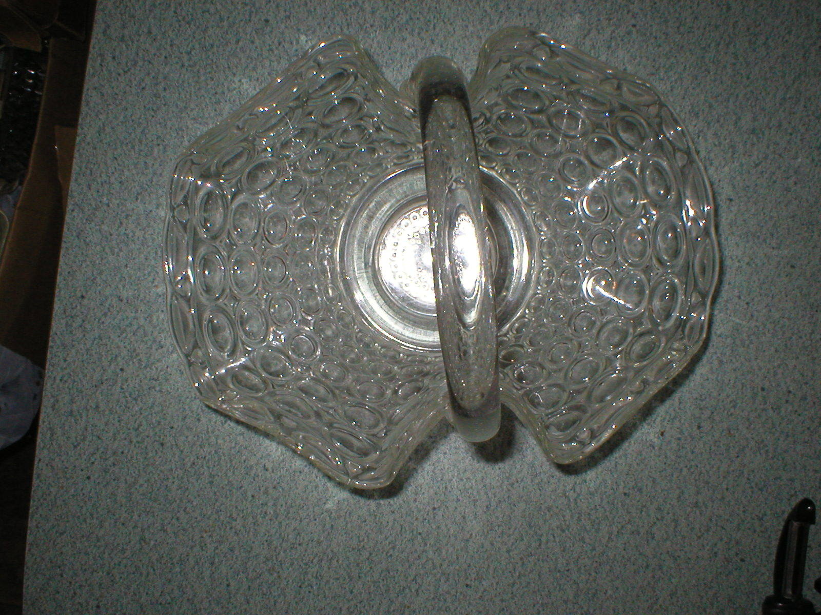 VTG Clear Glass Basket W/Circles Applied Handle Dish Bowl 11