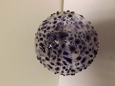 BOYCE ART MARKED AMETHYST SPECKLED AND TRANSPARENT HAND BLOWN GLASS ORNAMENT