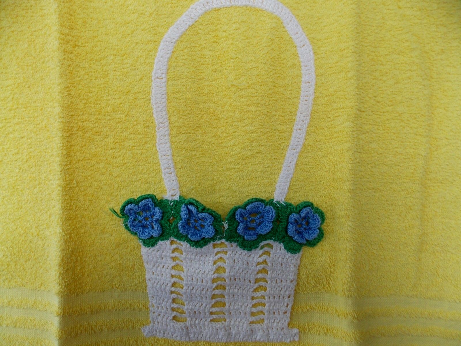 Vintage Terry Cloth Hand Bath Towel Yellow with Crochet Blue Flowers Basket Trim