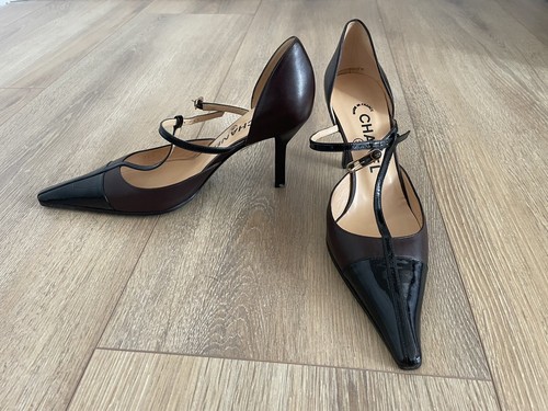 Chanel T-Strap Pumps 36.5 6.5 Two Tone Pointed Cap Toe Logo