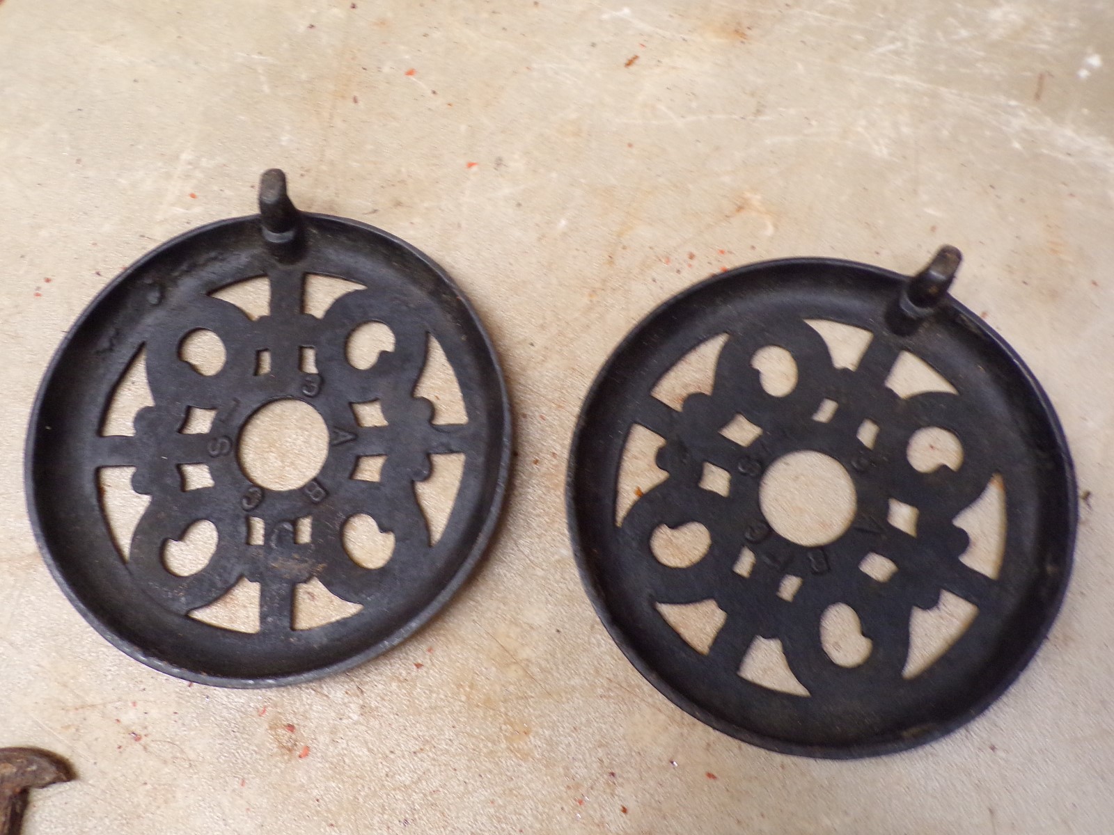 Old Pair Fancy Wood Burning Stove Trivet Shelf Plates 7