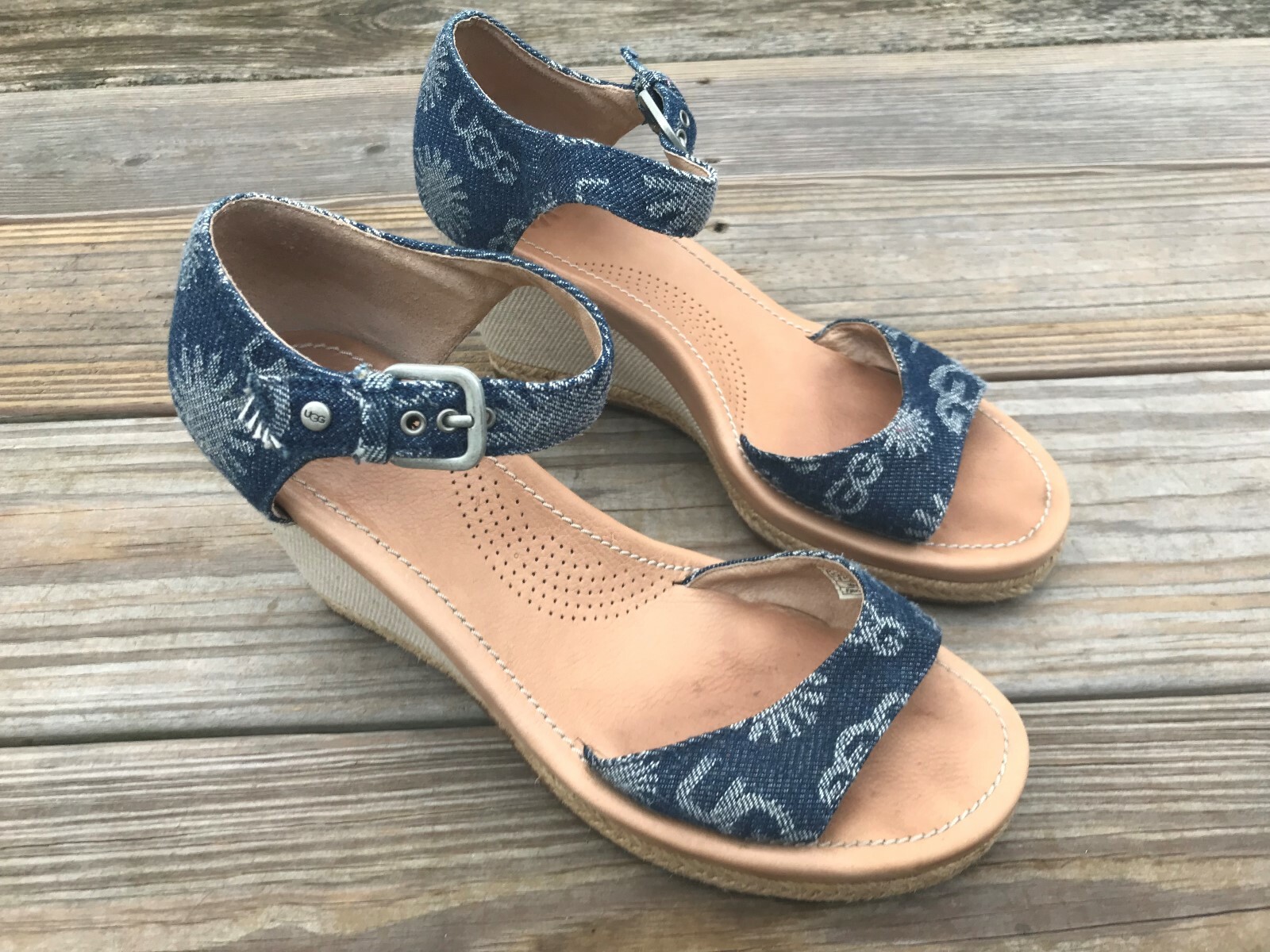 UGG Australia Uggs Womens Wedges Heels Atasha Denim Print Sandal Shoes Size 8 39