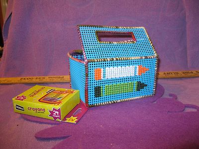 HANDMADE PLASTIC CANVAS CRAYON BOX--MEDIUM BLUE