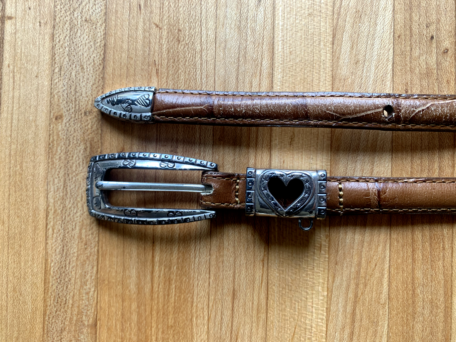 Women's BRIGHTON Belt 42706 BROWN Leather Silver HEART