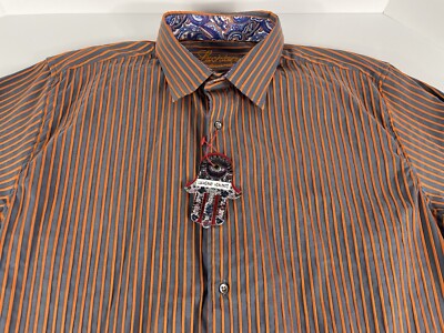 Luchiano Visconti XL Orange/Grey Striped Long Sleeve Casual Button Dress Shirt