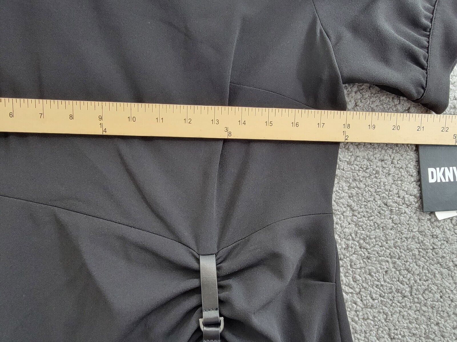 DKNY Puff-Sleeve Ruched Dress Women's 12 Black Round Neck Back Zip Closure S/S - Picture 7 of 20