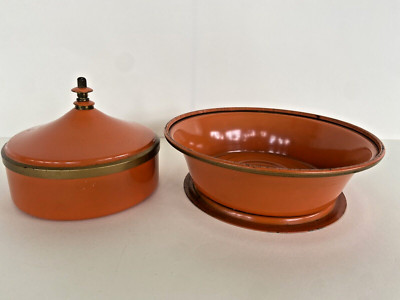 Anchor Hocking Fire King Orange Enamel container dish and spinning bowl