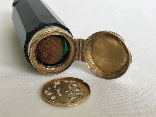 Antique Emerald Green Crystal Sterling Silver Double Ended Perfume Scent Bottle