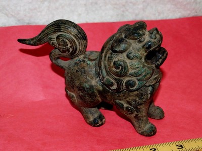 Antique Cast Iron Chinese Foo Dog Lion Guardian Spirit Incense Burner Figurine