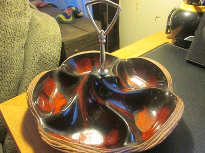 Vintage Retro USA Pottery 608 Candy/Nut Dish Two Tone Brown w/  handle 11