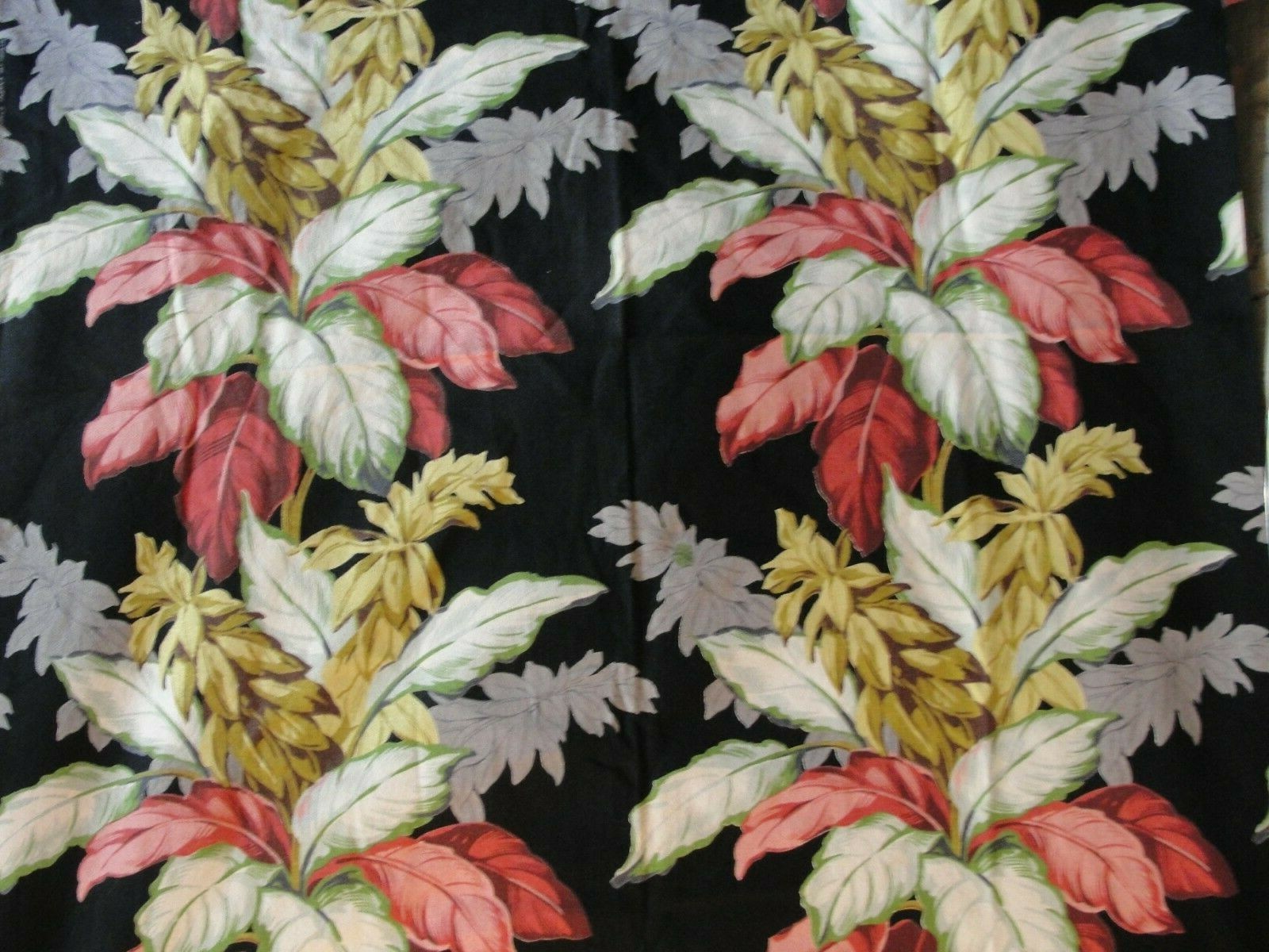 4 3/4 YARDS VINTAGE BARKCLOTH PALM FRONDS W/ BLACK BACKGROUND; PINK  WHITE