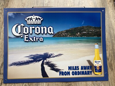 Corona Extra Beer Tin Sign 17.25 x12.25  Sand Ocean Palm Miles Away From 