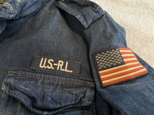 Pre-owned Polo Ralph Lauren Field Military Usa Flag Hooded Denim Jean Jacket Mens 2xl Xxl In Blue