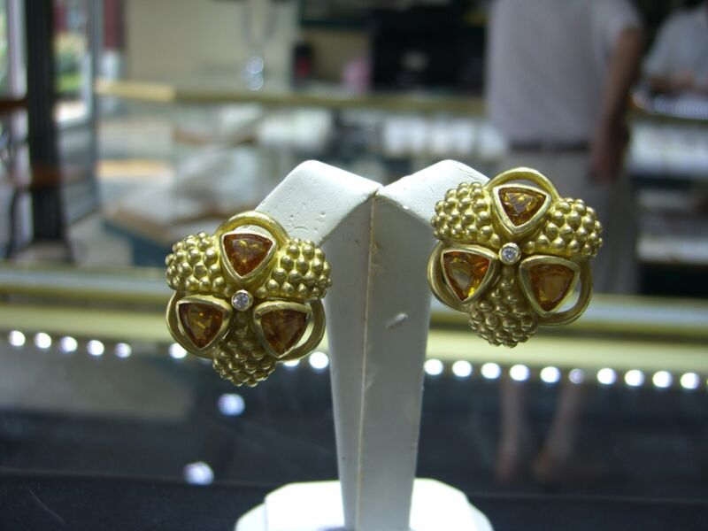 Vintage Designer Solid 18 Karat Yellow Gold Diamond Citrine Earrings Estate Wow!