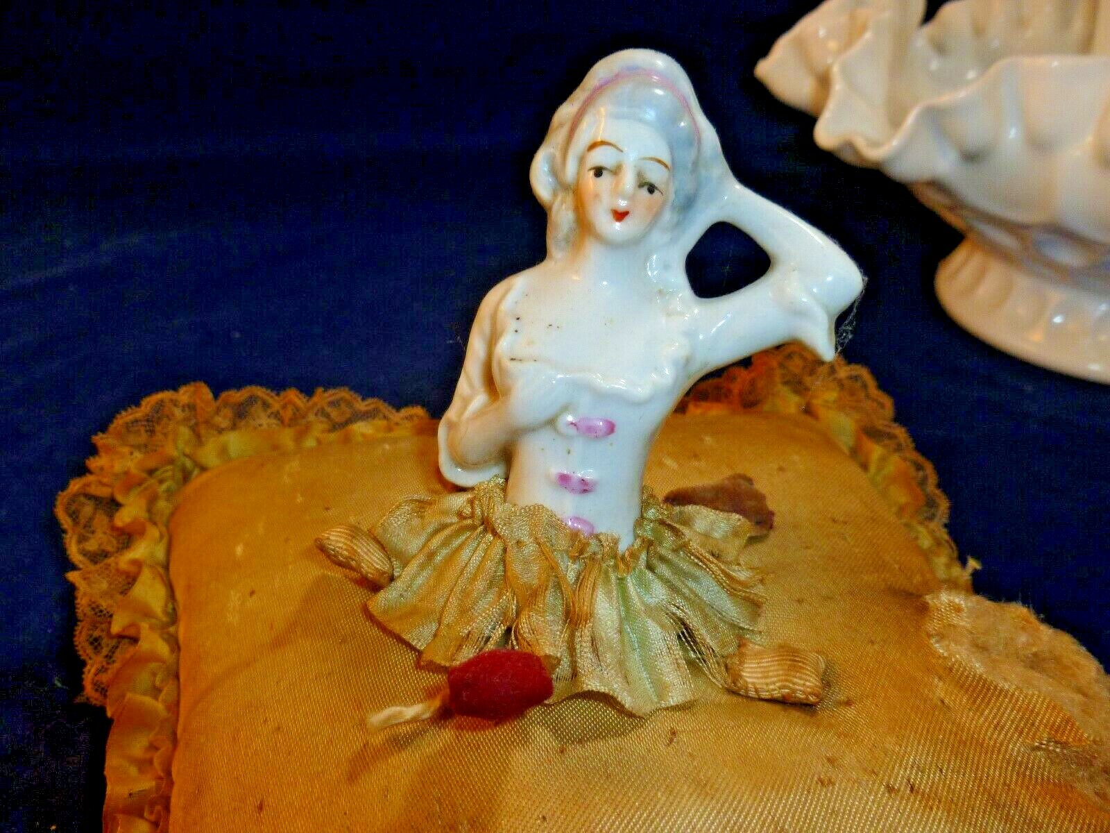 Antique Pin Cushion with Porcelain  Doll Japan