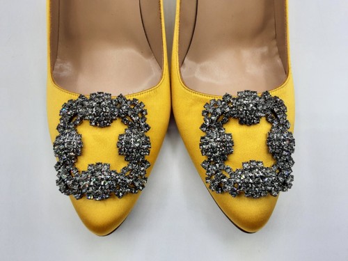 Pre-owned Manolo Blahnik Hangisi 90 Yellow Satin Jewel Buckle Pumps Heels Eu 37 Us 7 $1195