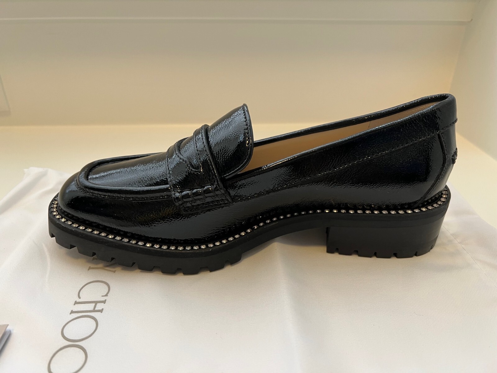 Pre-owned Jimmy Choo Deanna Crystal-embellished Patent Leather Loafers, Size 37 In Black