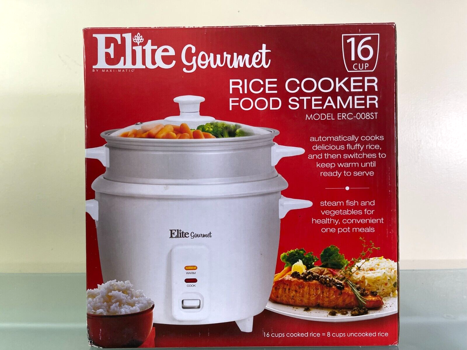 Maxi-Matic Elite Gourmet Rice Cooker With Steam Tray, White, 16