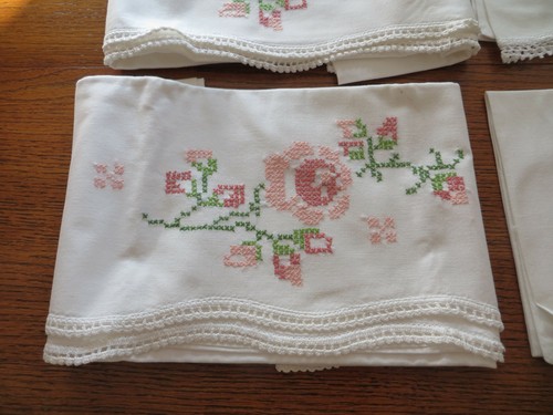 2 Pair Vintage 100% Cotton Pillowcases Hand Embroidered + Runner UNUSED