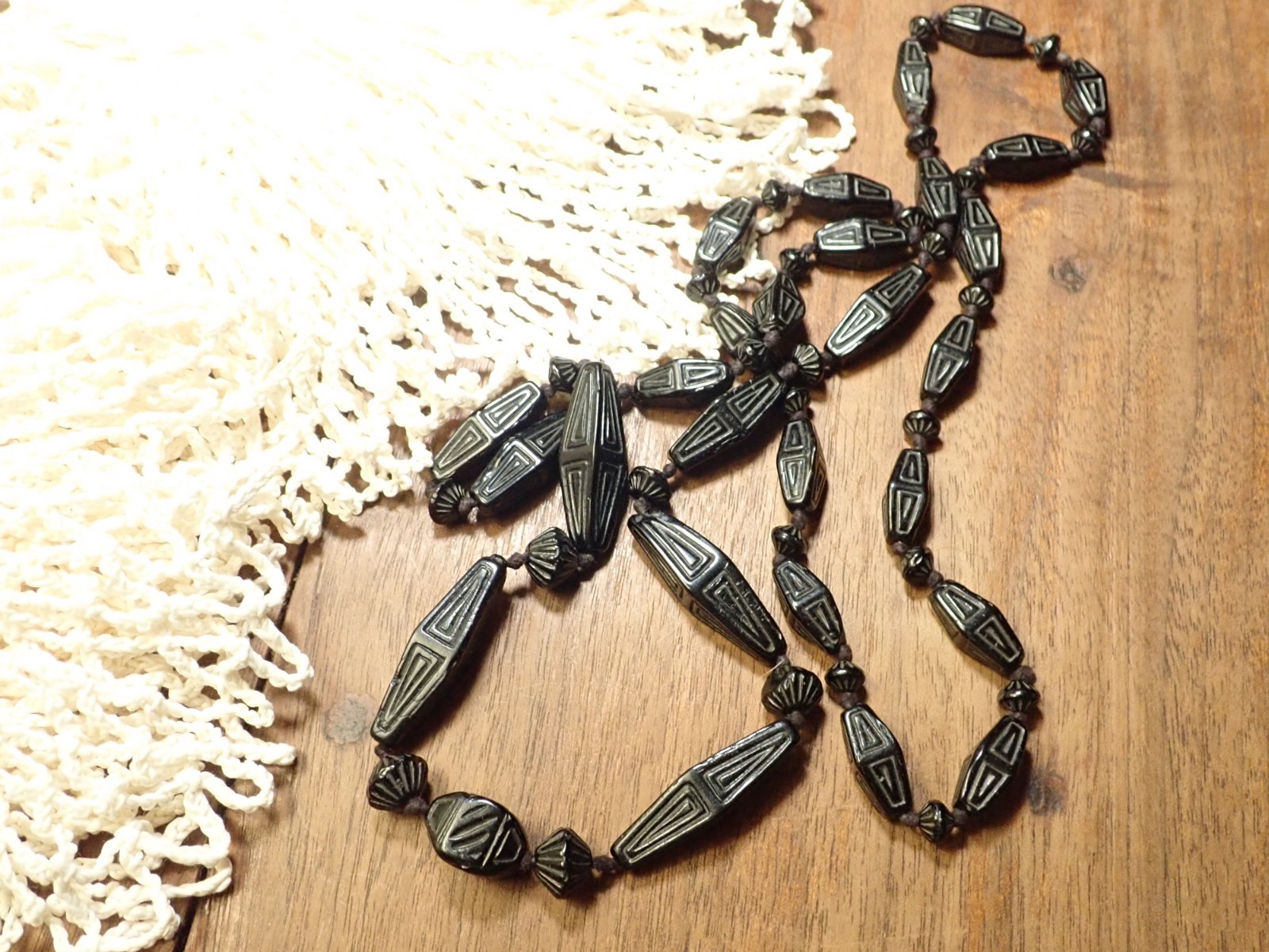 Antique Victorian Bog Oak Mourning Necklace~Hand Carved & Double Knotted~ca1880