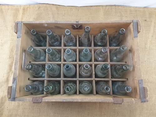Vintage Wood ATLAS Brewery Beer Box Crate & 24 Old Embossed Glass Beer Bottles