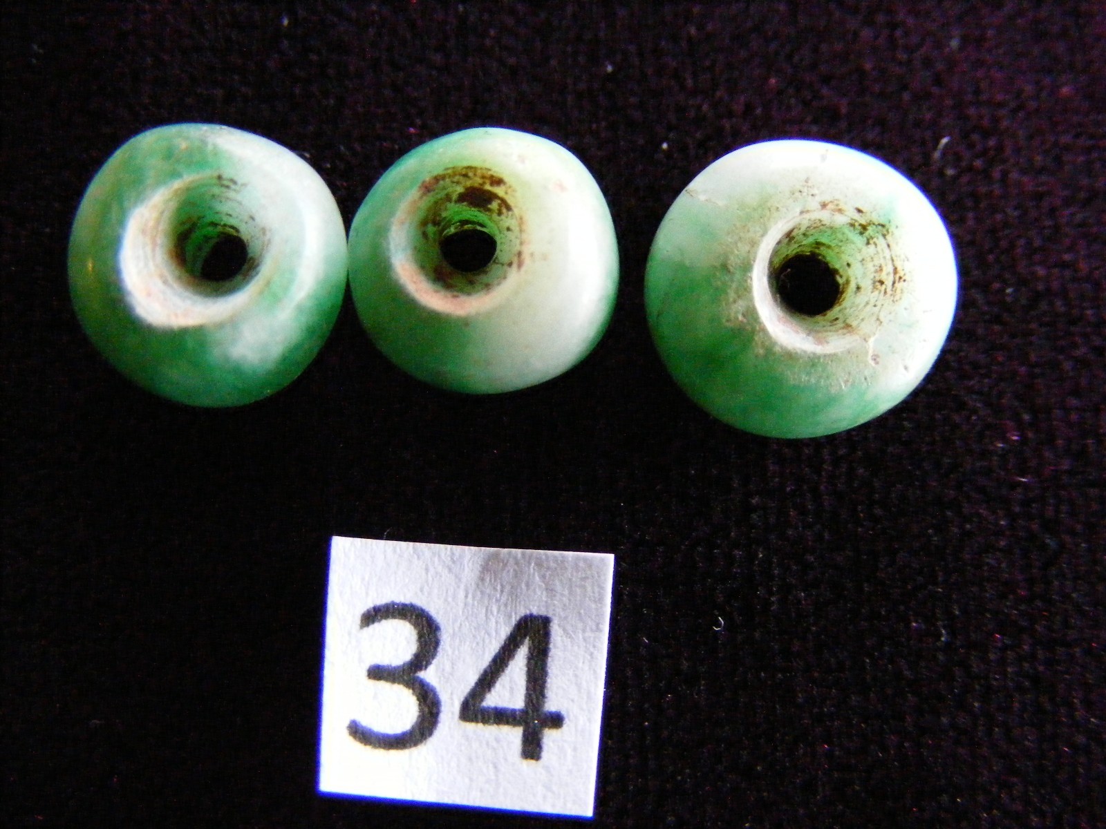 3 Pre Columbian Natural Green Jade Mayan Hand Carved Round Beads(B34)
