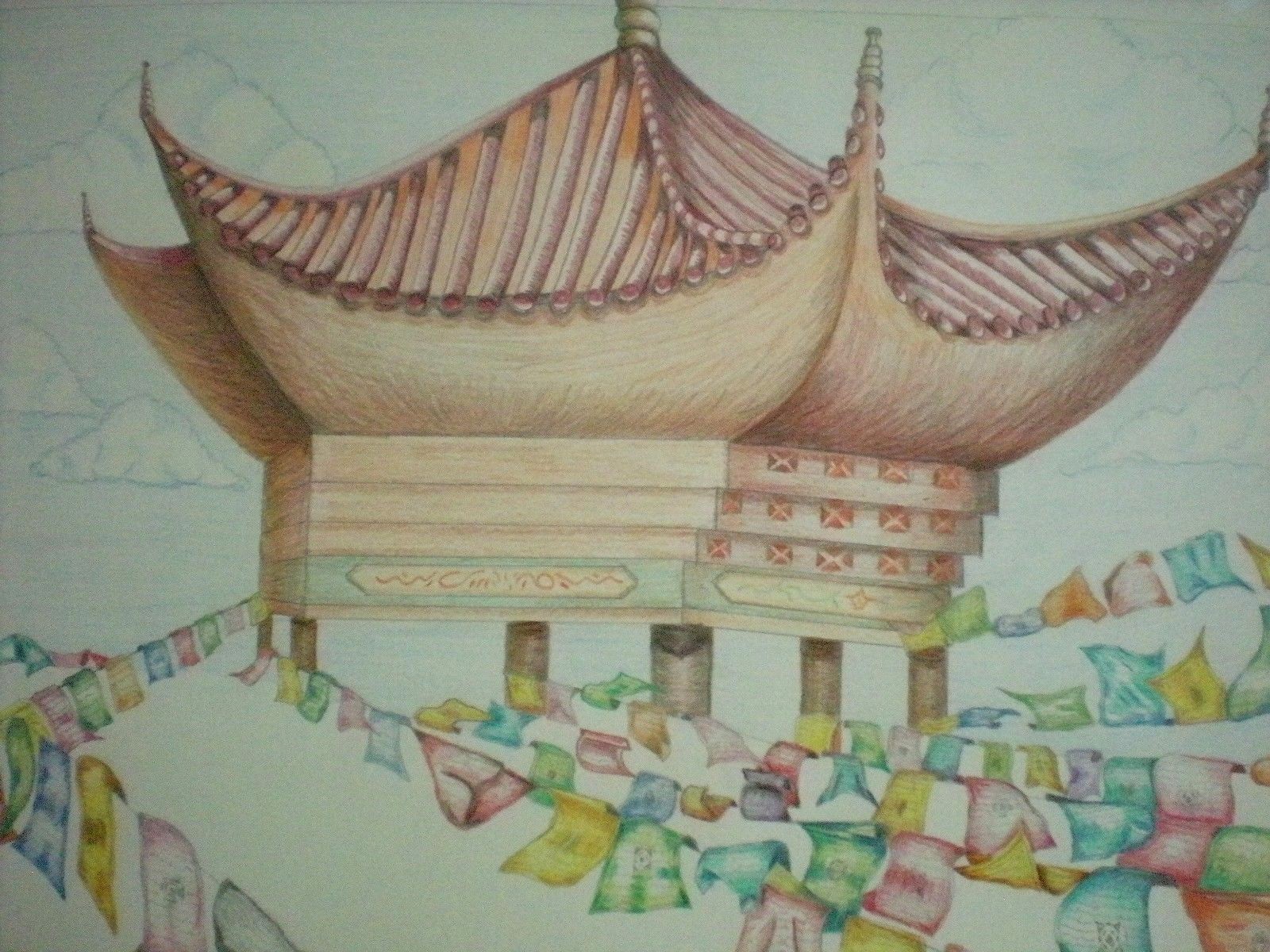 Art Work Original Artist Rendering of Himalayan Tibetan Nepal Prayer Flags