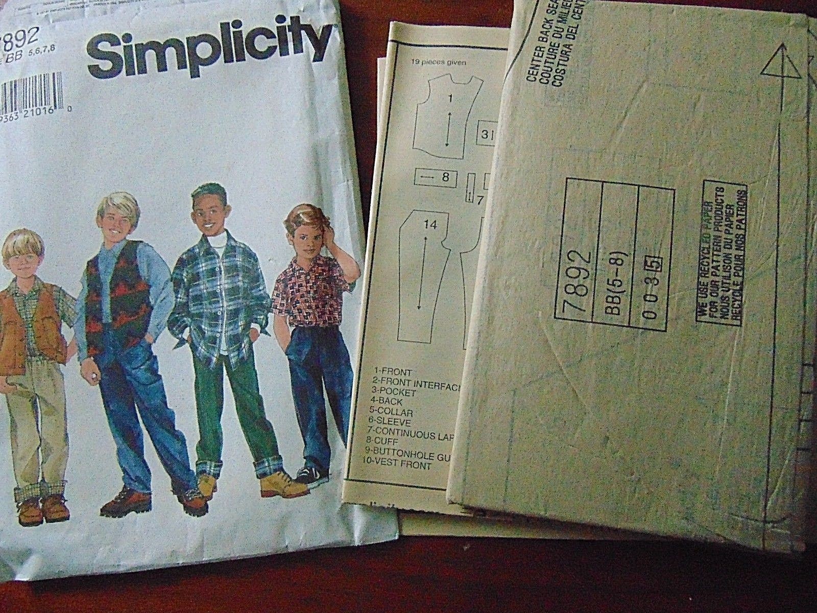 Simplicity #7892 BOYS SZ BB 5,6,7,8 VEST PANTS SHIRT Sewing Pattern UNCUT
