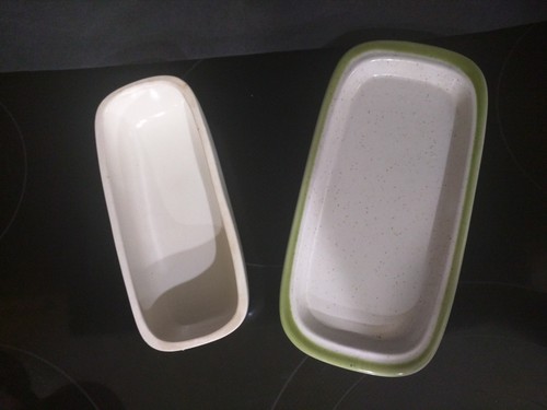 MidCentury Modern Meadowbrook Stoneware Speckled Butter Dish Avocado Green Japan