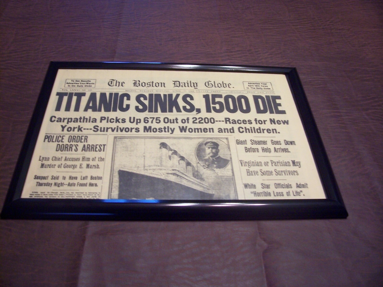 TITANIC NEWSPAPER 1912 Boston Globe/Marsh Murder Story/Ty Cobb Quits Team  !!!!!